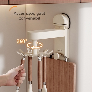 Suport de bucătărie cu ventuză, suport rotativ pentru spatule și linguri – montaj pe perete fără găuri, depozitare multifuncțională