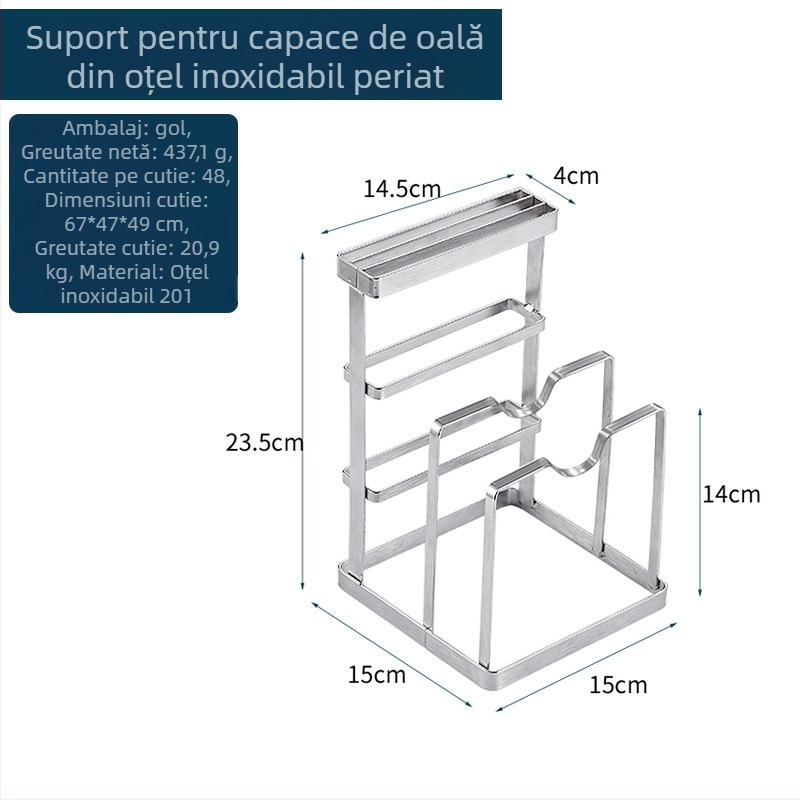 Suport din oțel inoxidabil pentru cuțite și tocătoare, cu raft pentru capace