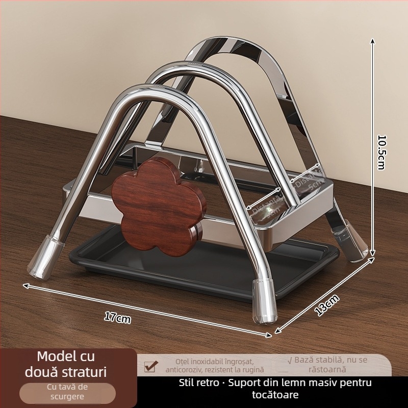 Raft de bucătărie pentru tocătoare și capace de oale, din oțel inoxidabil și lemn masiv, în stil medieval