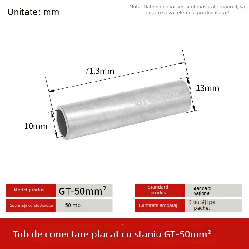 GT-50mm pătrat cupru natural placat cu staniu, conductă de conectare din cupru cu nas de cupru pentru fire și cabluri