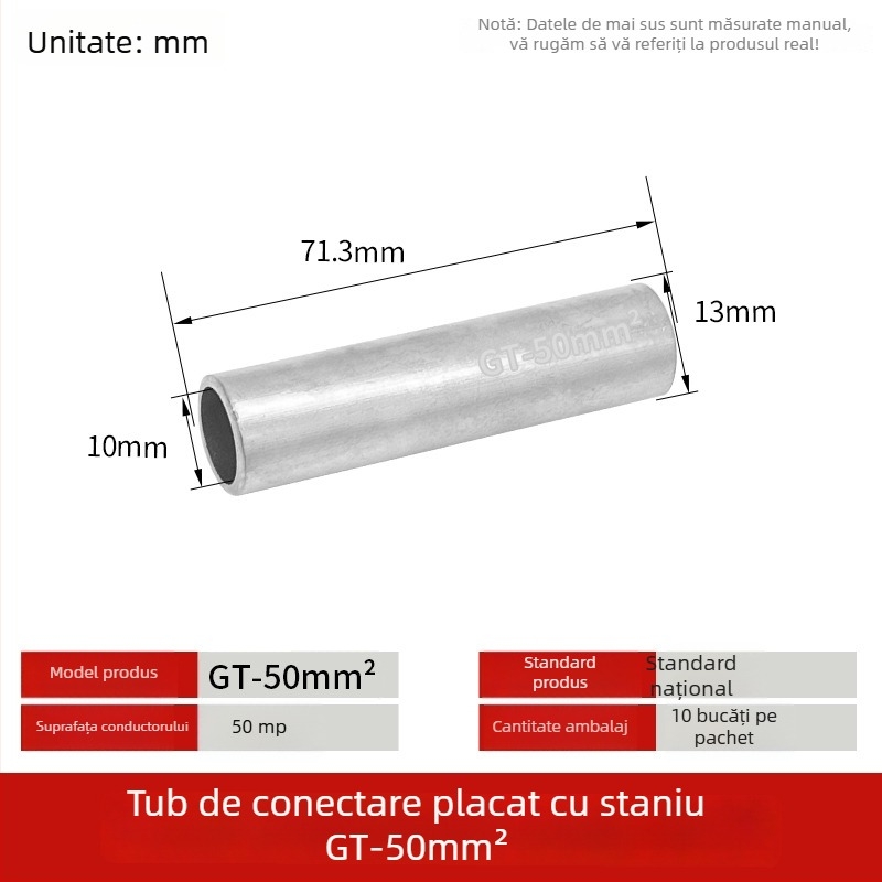 GT-50mm pătrat cupru natural placat cu staniu, conductă de conectare din cupru cu nas de cupru pentru fire și cabluri