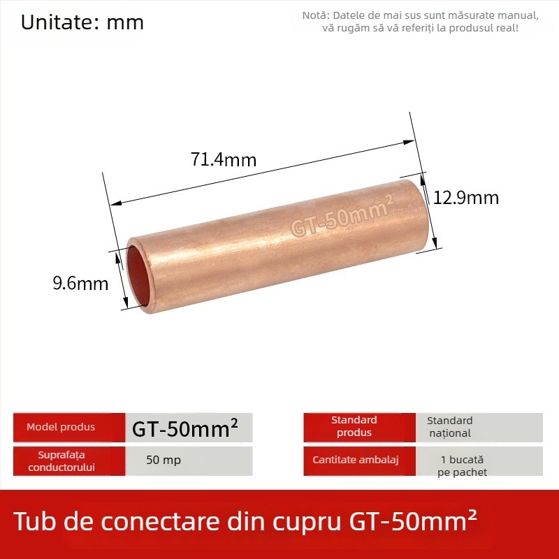GT-50mm pătrat cupru natural placat cu staniu, conductă de conectare din cupru cu nas de cupru pentru fire și cabluri