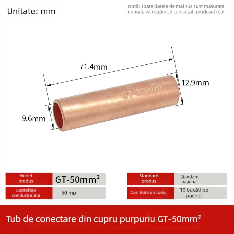 GT-50mm pătrat cupru natural placat cu staniu, conductă de conectare din cupru cu nas de cupru pentru fire și cabluri