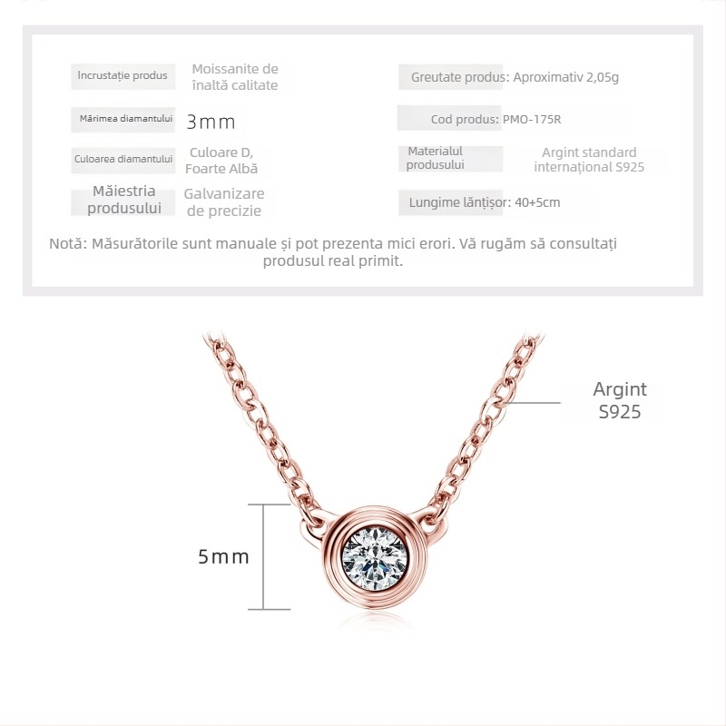 Colier din argint 925 cu moissanit, pandantiv în formă de disc zburător mic, finisaj roz auriu, lungime reglabilă 41-50 cm.