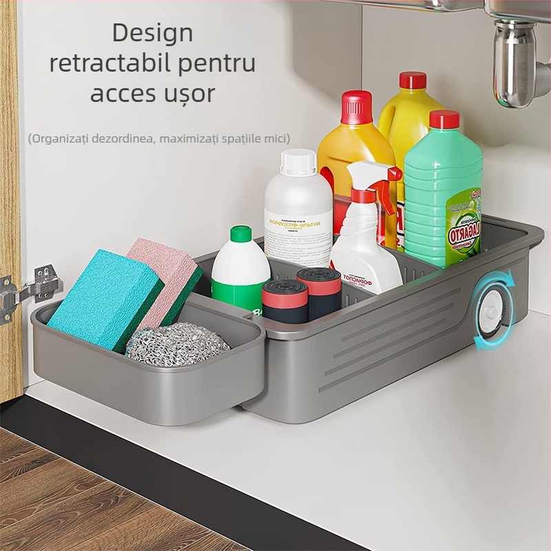 Raft din plastic pentru chiuveta bucătărie, cu sertar glisant și roți – organizator multifuncțional pentru bucătărie și baie