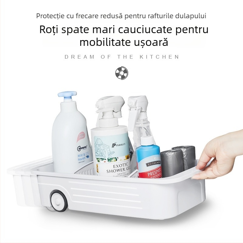 Raft din plastic pentru chiuveta bucătărie, cu sertar glisant și roți – organizator multifuncțional pentru bucătărie și baie