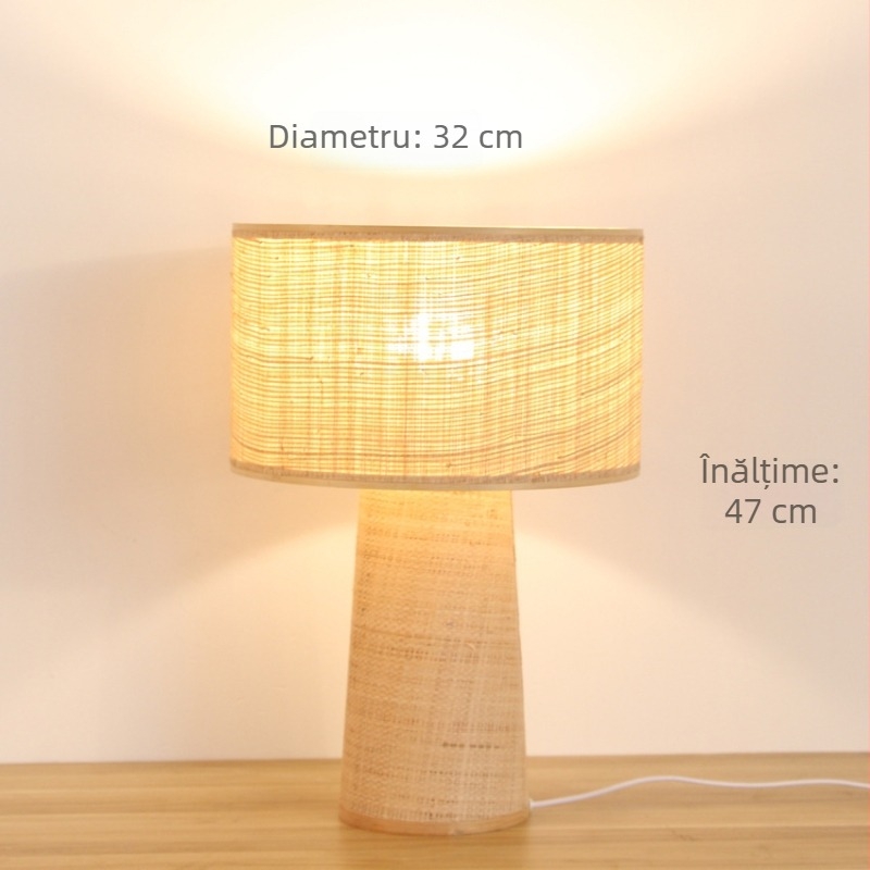 Lampă de masă din raffia în stil Wabi-Sabi, cu bază din bambus, LED, pentru living și dormitor