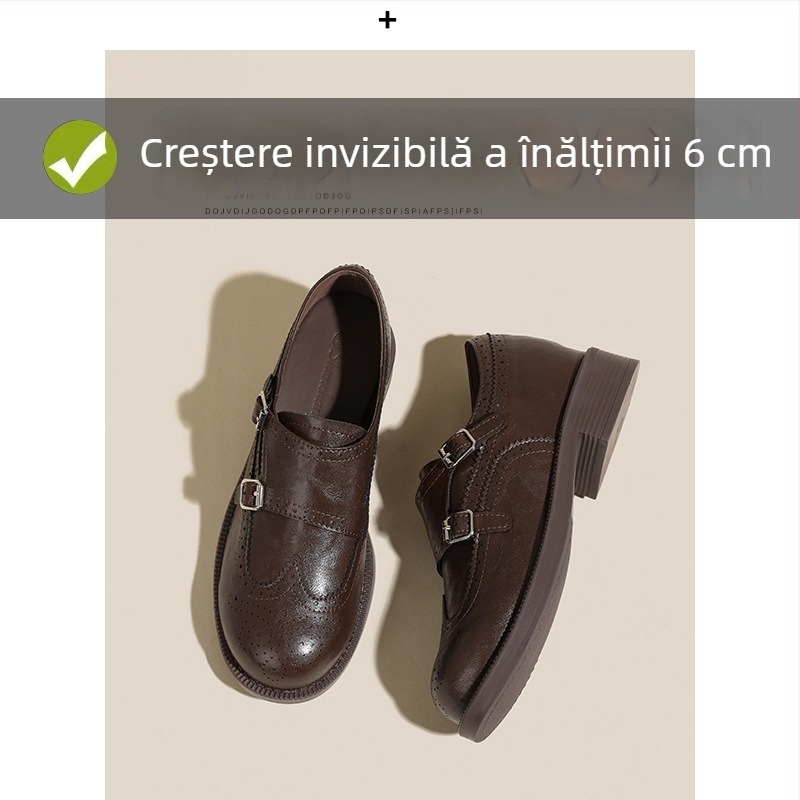 Loafers damă în stil retro, toc ascuns de 6 cm, design brogue gravat, slip-on, căptuți cu fleece, pantofi din piele în stil britanic