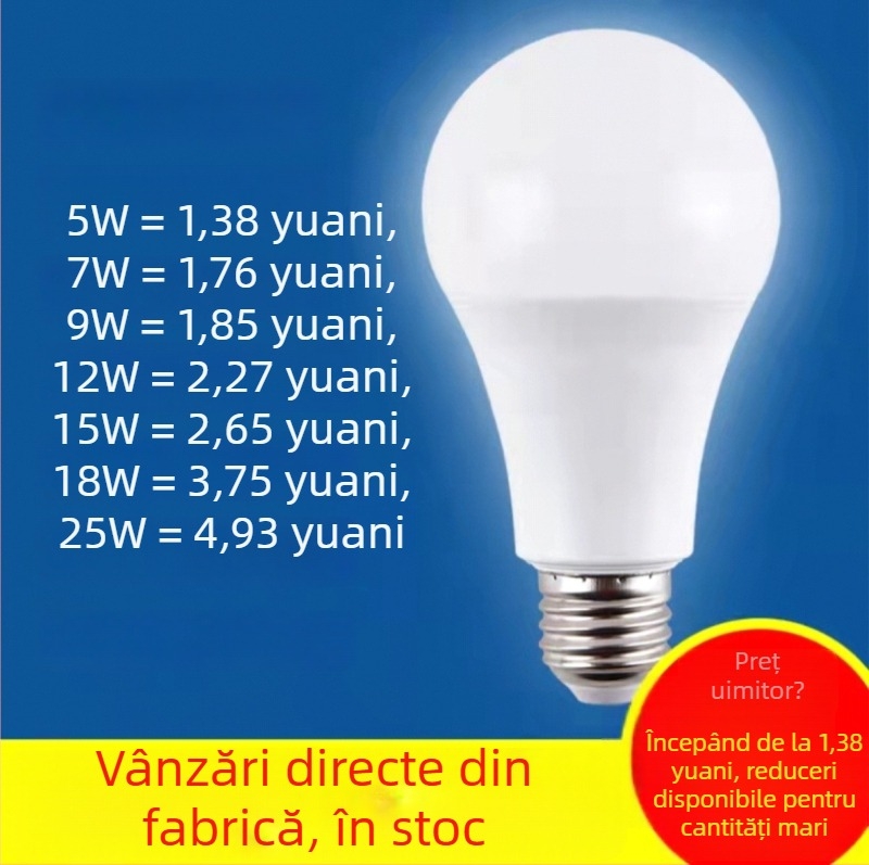 Bec LED din aluminiu placat cu plastic, cu soclu E27 filet sau B22 bayonet, economie de energie, formă A60