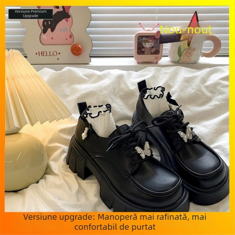 Loafers femei în stil britanic, vintage, model toamnă-iarna 2025, talpă groasă și toc masiv înalt, șireturi, pantofi din piele