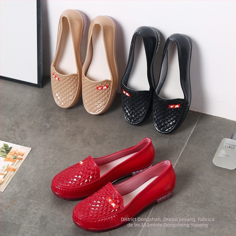 Pantofi de ploaie pentru femei cu gleznă joasă, impermeabili, talpă antiderapantă, PVC partea superioară, toc plat