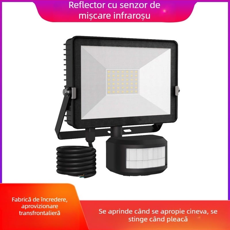 Proiector LED cu senzor de mişcare PIR pentru exterior, carcasă din grafen pentru disiparea căldurii, lampă de perete pentru curte, IP66, 30W, flux luminos 3000 lm, CRI 80, unghi fascicul 120°, 42 LED