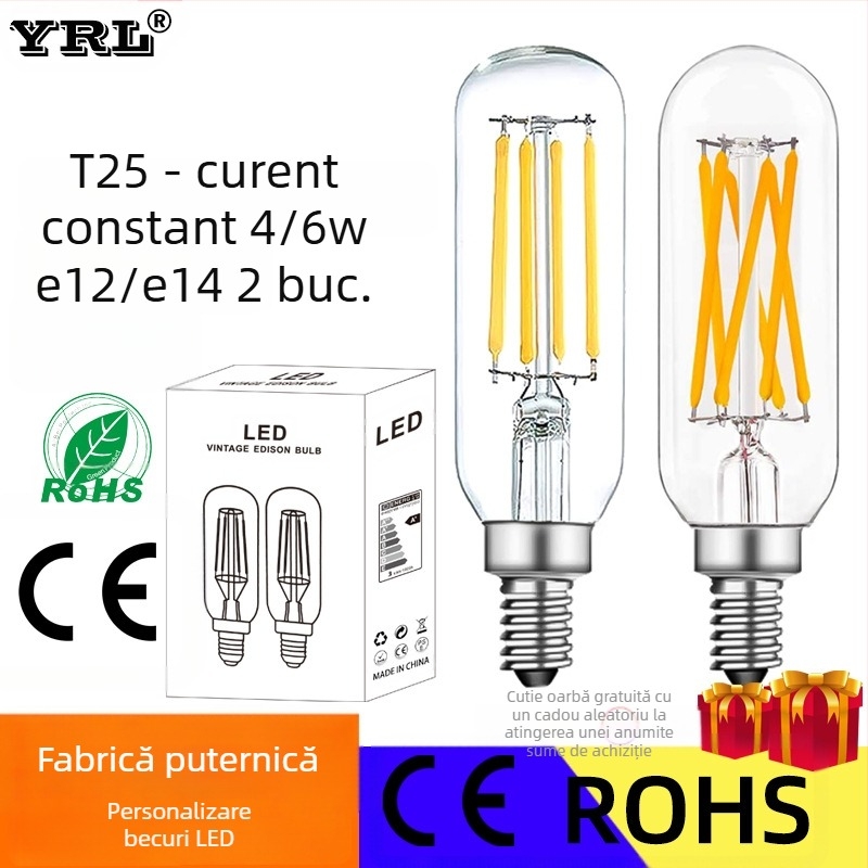 Lampa LED Edison T25 cu filament, 110V, 4–6W, lampă din sticlă retro, bază E12/E14, reglabilă, fascicul 360°, CRI 80–90