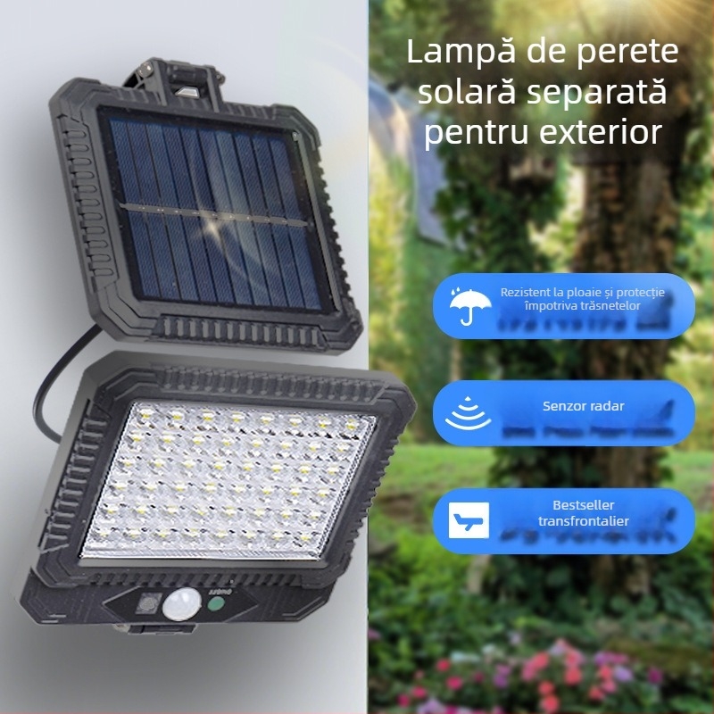 Proiector impermeabil pentru peisaj și grădină cu senzor de mișcare și control al luminii, alimentare solară, lampă LED de perete exterior împărțită