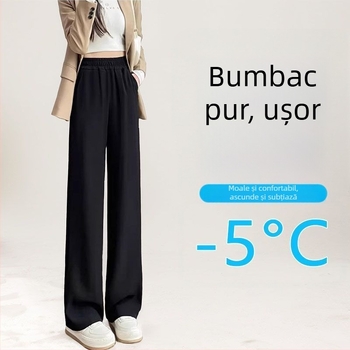 Pantaloni femei evazați, primăvară-toamnă, talie elastică, negru, talie înaltă, drapat, croială dreaptă, pantaloni sport casual