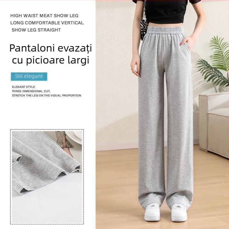 Pantaloni femei evazați, primăvară-toamnă, talie elastică, negru, talie înaltă, drapat, croială dreaptă, pantaloni sport casual