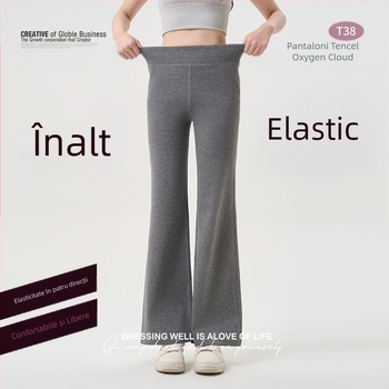 Pantaloni femei cu croială dreaptă, ușor evazați, din Modal Lenzing, talie înaltă, siluetă drapată, casual-eleganți pentru toamnă
