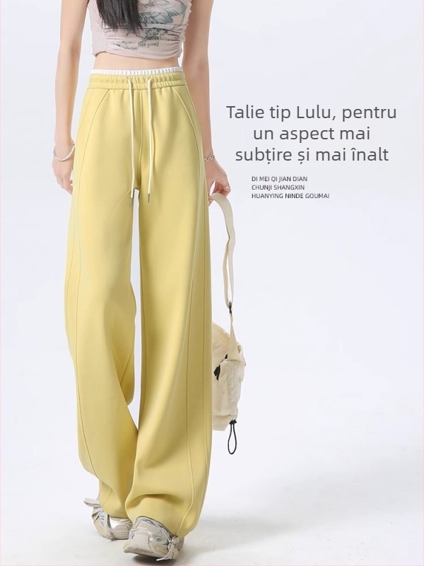 Pantaloni sport galbeni pentru femei, talie înaltă, cu falduri, croi lejer, drept și larg, în stil Lulu, primăvară-toamnă