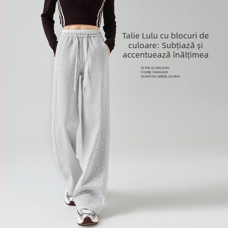 Pantaloni sport galbeni pentru femei, talie înaltă, cu falduri, croi lejer, drept și larg, în stil Lulu, primăvară-toamnă