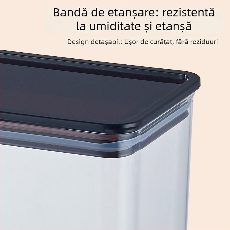 Recipient din plastic transparent, pătrat, pentru depozitare în bucătărie, cereale, pudră de cafea și pudră de fructe