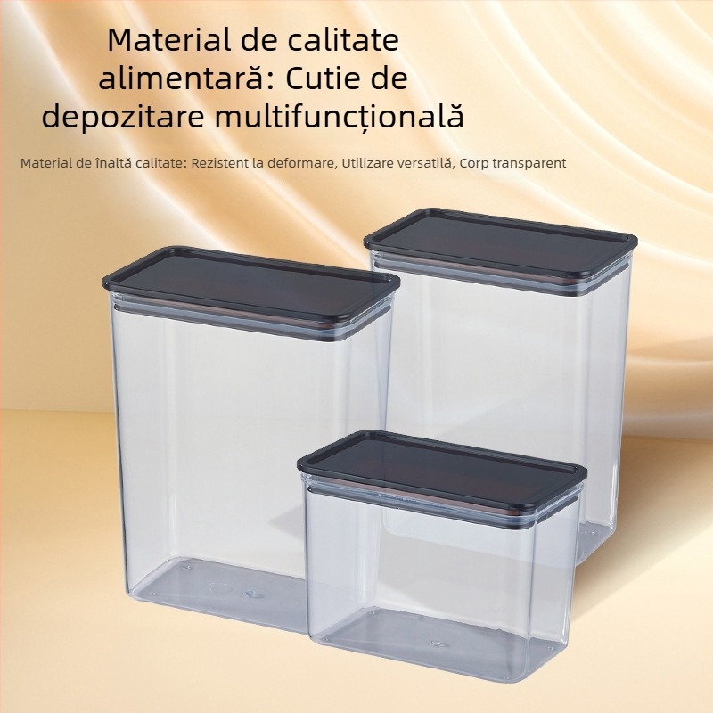 Recipient din plastic transparent, pătrat, pentru depozitare în bucătărie, cereale, pudră de cafea și pudră de fructe