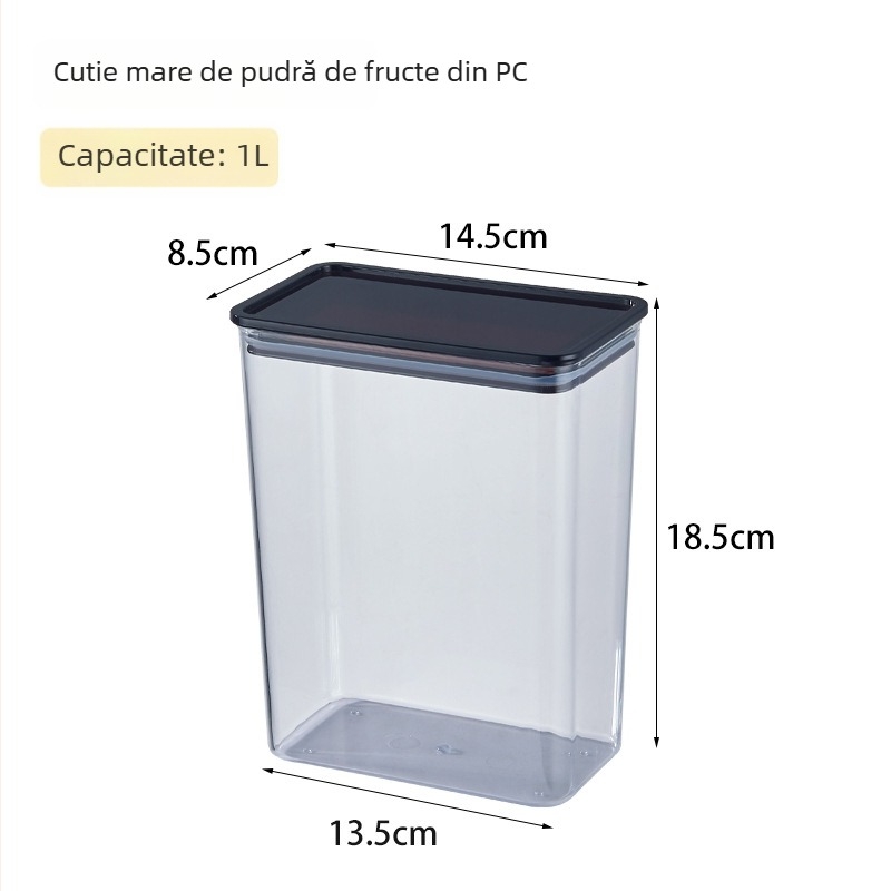 Recipient din plastic transparent, pătrat, pentru depozitare în bucătărie, cereale, pudră de cafea și pudră de fructe