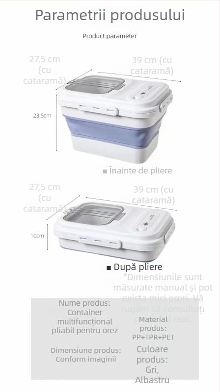 Recipient pliabil, etanș pentru depozitarea orezului și făinii, protejat împotriva dăunătorilor și umezelii, 8–9 L, din plastic
