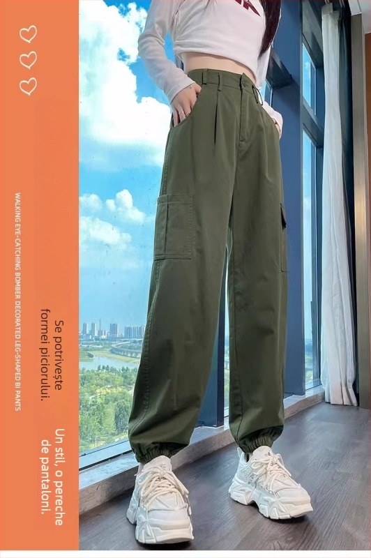 Pantaloni de lucru din bumbac pentru femei, stil american, primăvară-toamnă, model 2026 nou, talie înaltă, croială lejeră cu manșete strânse la gleznă pentru sport și drumeții