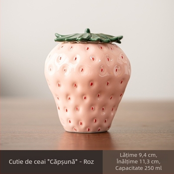 Borcan ceramic pentru ceai cu motiv de căpșună, recipient sigilat pentru depozitare, piesă decorativă