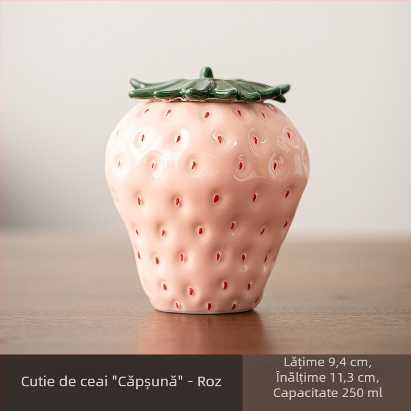 Borcan ceramic pentru ceai cu motiv de căpșună, recipient sigilat pentru depozitare, piesă decorativă