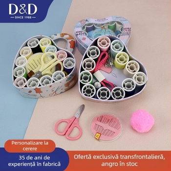 D&D Kit de cusut pentru zestrea de nuntă: set portabil, cutie metalică în formă de inimă pentru ace și ață