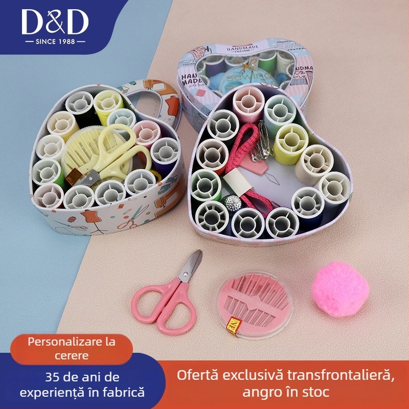 D&D Kit de cusut pentru zestrea de nuntă: set portabil, cutie metalică în formă de inimă pentru ace și ață