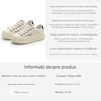Pantofi sport albi din piele pentru femei, talpă groasă, vârf rotund shell toe, glezna joasă