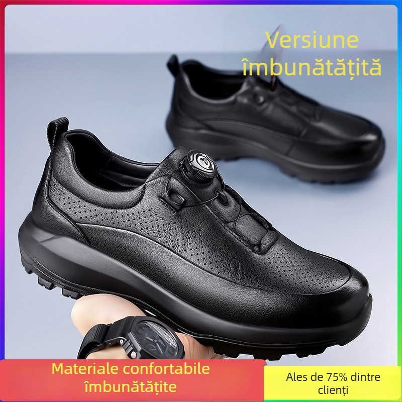 Pantofi sport din piele pentru bărbați, cu talpă groasă, pentru drumeții în aer liber, cataramă rotativă, rezistenți la uzură și ușori