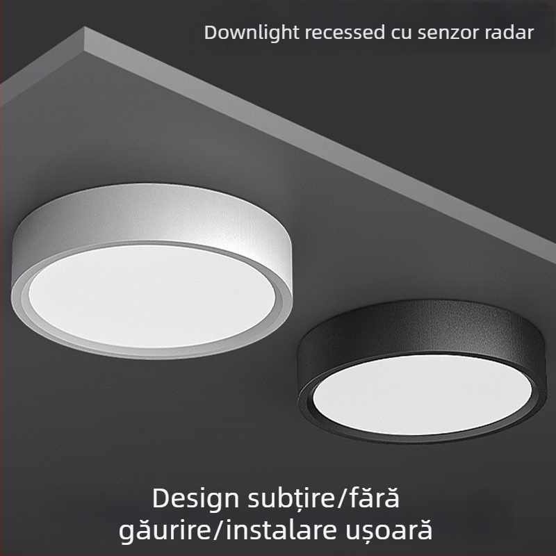 Senzor radar de mișcare, LED downlight montat pe suprafață, control vocal, formă circulară, fără găuri, iluminare IR pentru hol