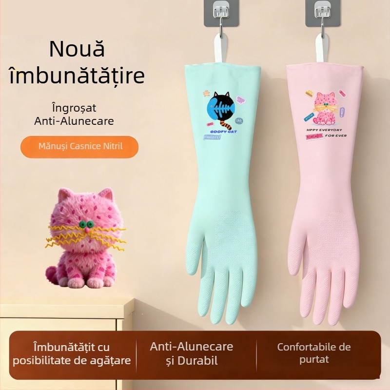 Mănuși nitril colorate pentru uz casnic, pentru spălat vase și curățenie, cu desen animat