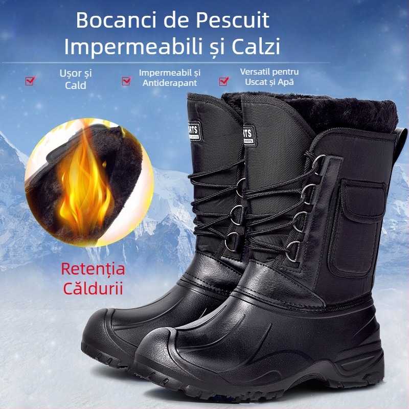 Pantofi de pescuit de iarnă pentru bărbați, bocanci impermeabili înalți, căptușiți cu fleece și cu ținte din oțel – utilizare în aer liber