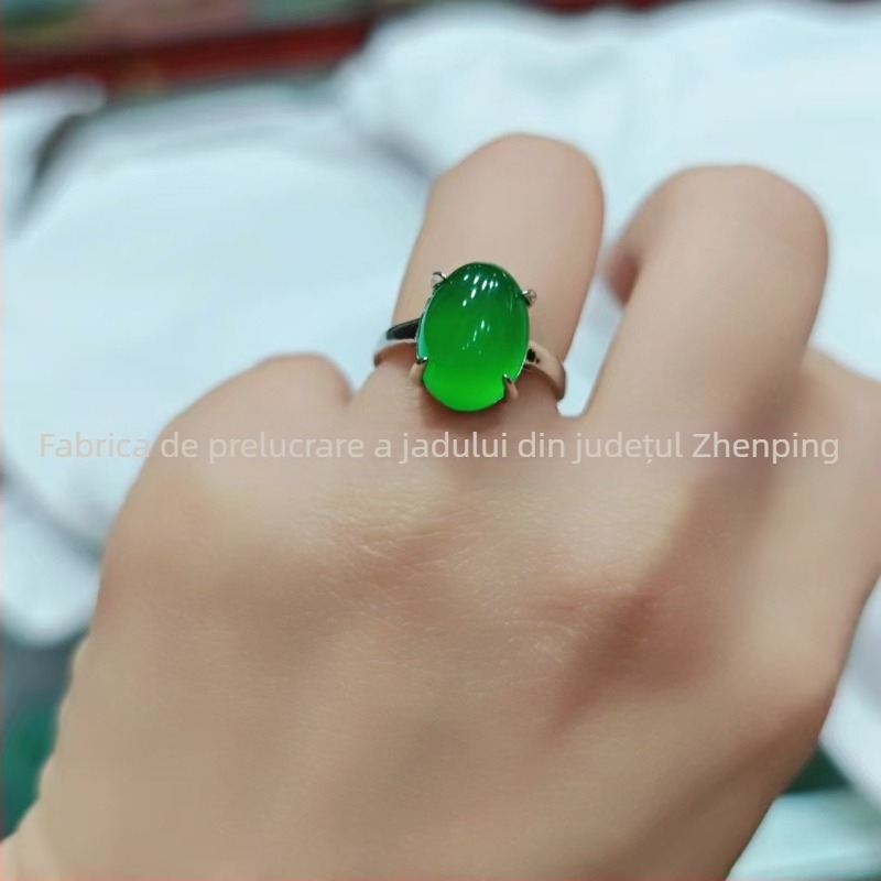 Inel minimalist din chalcedon verde, cu insertie de argint, reglabil, pentru femei