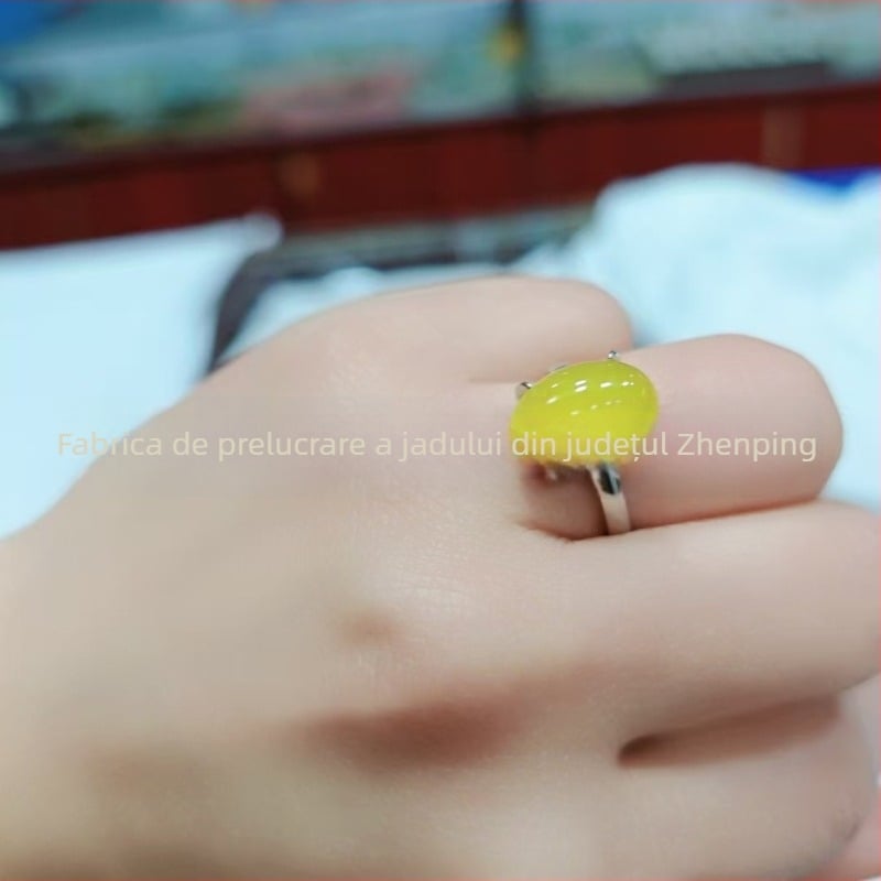 Inel minimalist din chalcedon verde, cu insertie de argint, reglabil, pentru femei