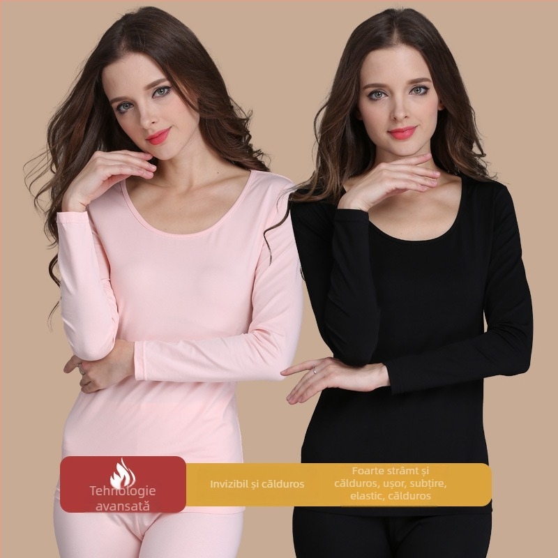 Set de lenjerie termică din bumbac pentru femei – croială slim, top cu mânecă lungă și pantaloni pentru toamnă-iarnă