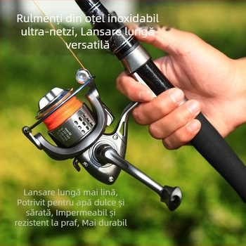 Mulineta de pescuit spinning, a doua generație Mini Golf, construcție metalică completă, aruncare ultra lungă, tambur cu profil mic pentru năluci mici
