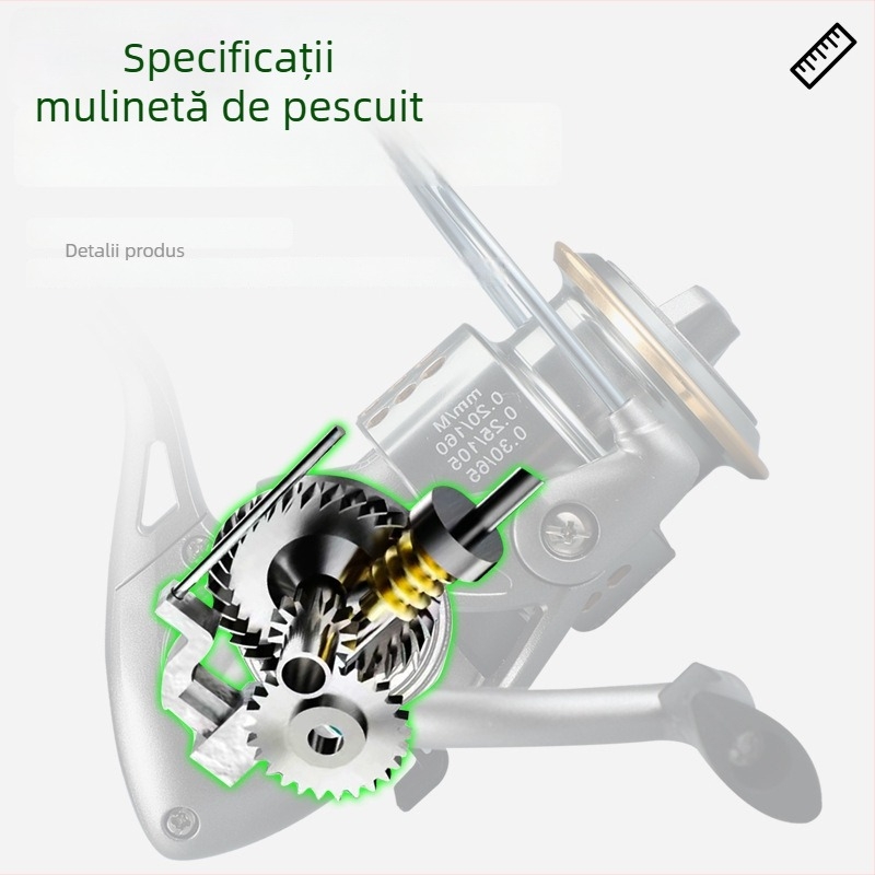 Mulineta de pescuit spinning, a doua generație Mini Golf, construcție metalică completă, aruncare ultra lungă, tambur cu profil mic pentru năluci mici