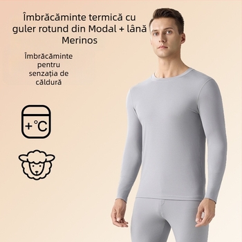 Top termic masculin din amestec modal și lână, guler rotund, mâneci scurte, subțire și călduros