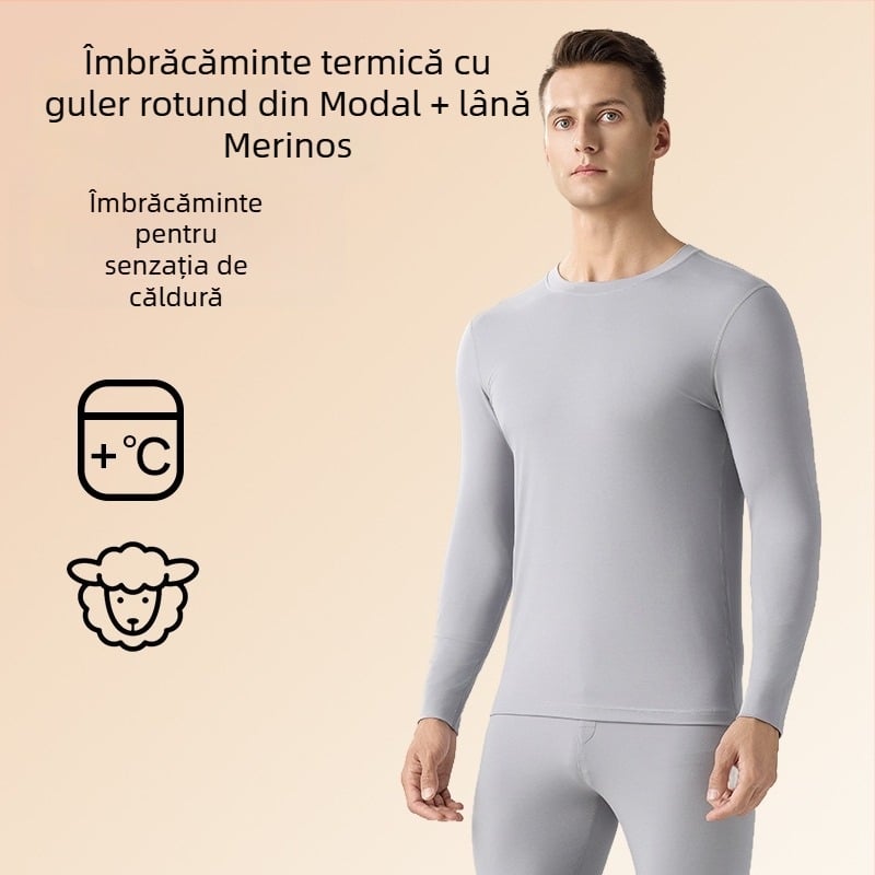 Top termic masculin din amestec modal și lână, guler rotund, mâneci scurte, subțire și călduros