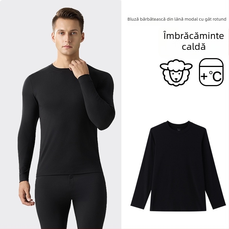 Top termic masculin din amestec modal și lână, guler rotund, mâneci scurte, subțire și călduros