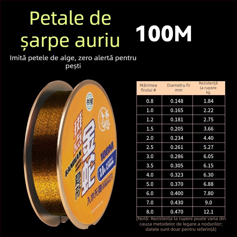 Linie de pescuit din nylon cu pete aurii, linie principală și linie auxiliară, 100 m