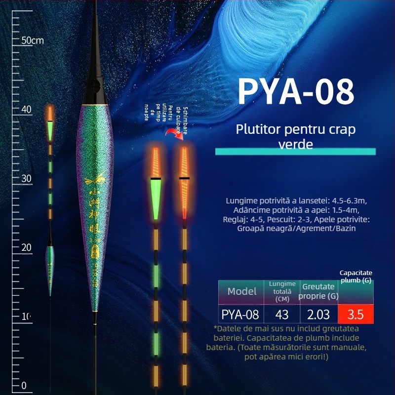 Plută de pescuit fluorescente, cu schimbare de culoare la mușcă, groasă pentru vizibilitate, pentru utilizare zi-noapte, plută LED electronică, lucrată manual pentru pești mari