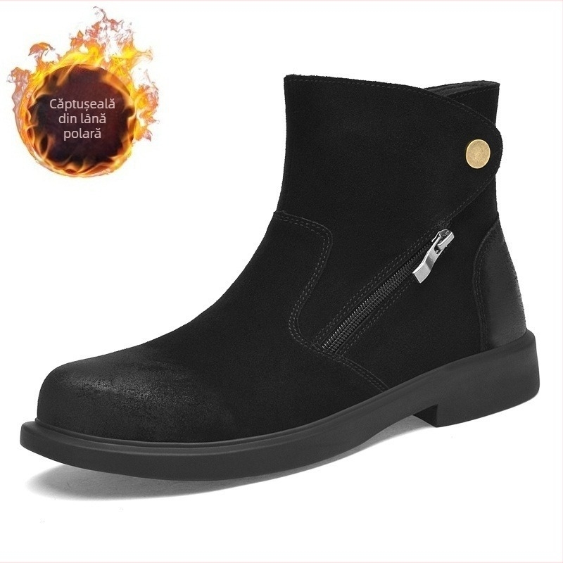 Ghete bărbați de iarnă din velur, cu fermoar lateral, talpă joasă, stil britanic casual Martin, pantofi pentru adulți