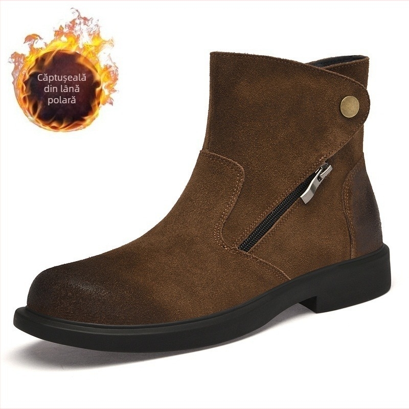 Ghete bărbați de iarnă din velur, cu fermoar lateral, talpă joasă, stil britanic casual Martin, pantofi pentru adulți