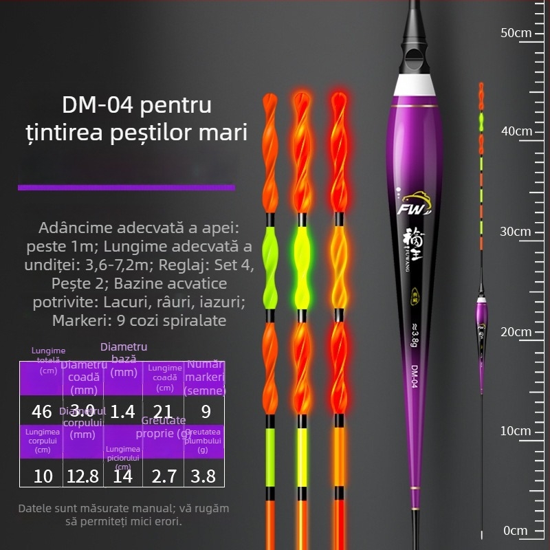 Plută spirală cu coadă, schimbare de culoare și luminozitate, plută electronică cu coadă dură pentru caras și pești mari, plută îngroșată pentru aruncări la distanță